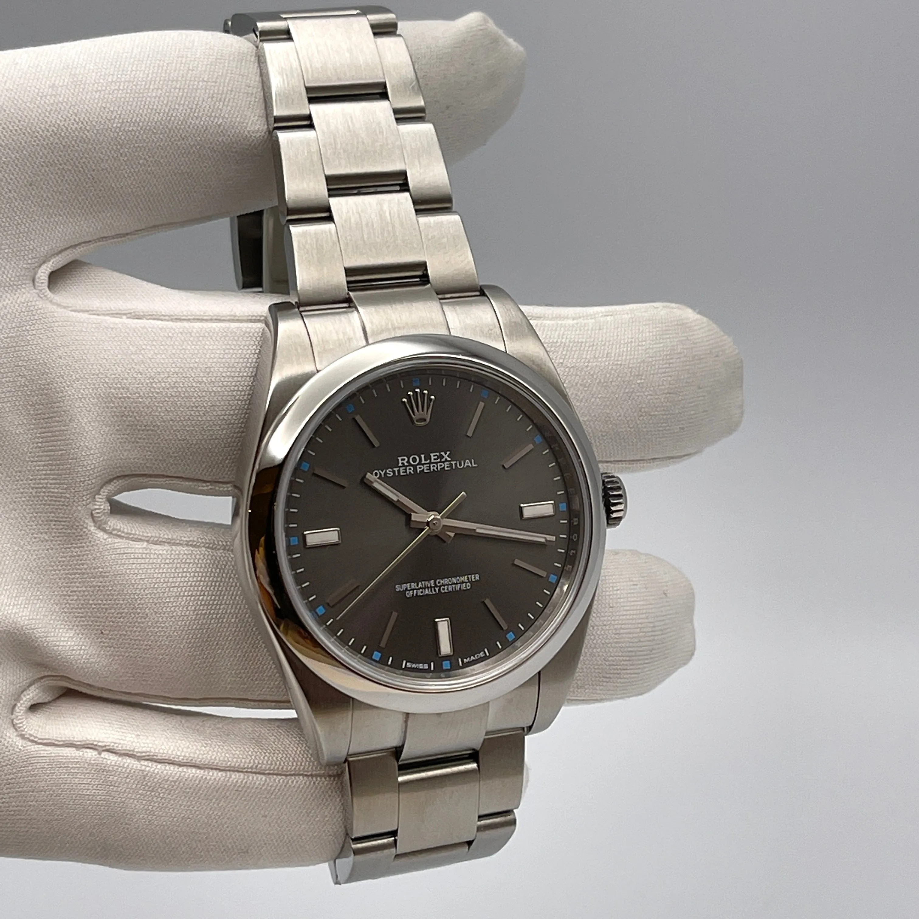 Rolex Oyster Perpetual 39 114300 Stainless Steel Rhodium Slate Grey Stick Dial
