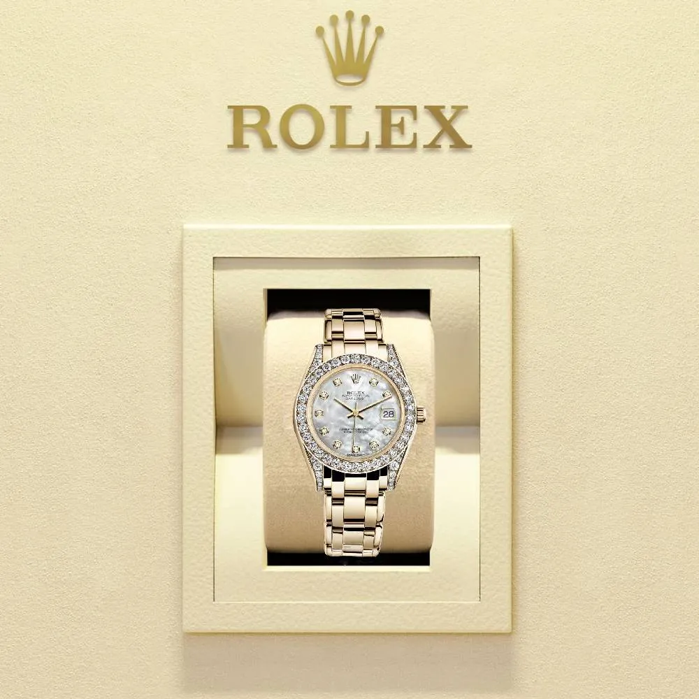 Rolex Pearlmaster 34mm - Ref: 81158-0001 - White mother of Pearl Diamond Dial, Diamond Bezel & Diamond Case, 18K Yellow Gold Bracelet Women's Watch