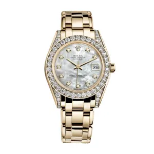 Rolex Pearlmaster 34mm - Ref: 81158-0001 - White mother of Pearl Diamond Dial, Diamond Bezel & Diamond Case, 18K Yellow Gold Bracelet Women's Watch