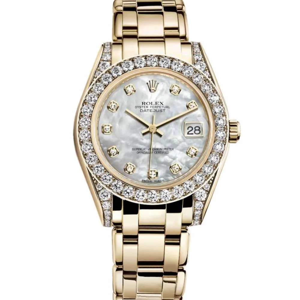 Rolex Pearlmaster 34mm - Ref: 81158-0001 - White mother of Pearl Diamond Dial, Diamond Bezel & Diamond Case, 18K Yellow Gold Bracelet Women's Watch