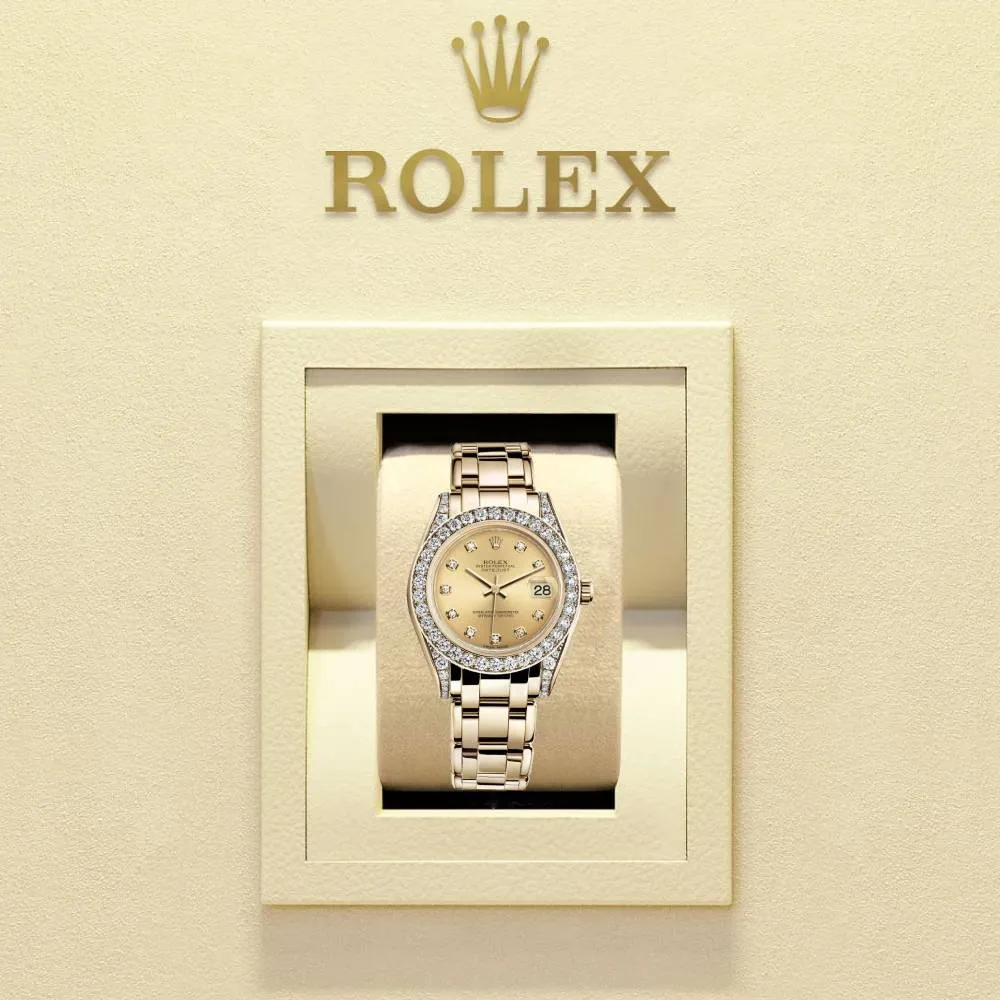 Rolex Pearlmaster 34mm - Ref: 81158-0013 - Champagne Diamond Dial, Diamond Bezel & Diamond Case, 18K Yellow Gold Bracelet Women's Watch