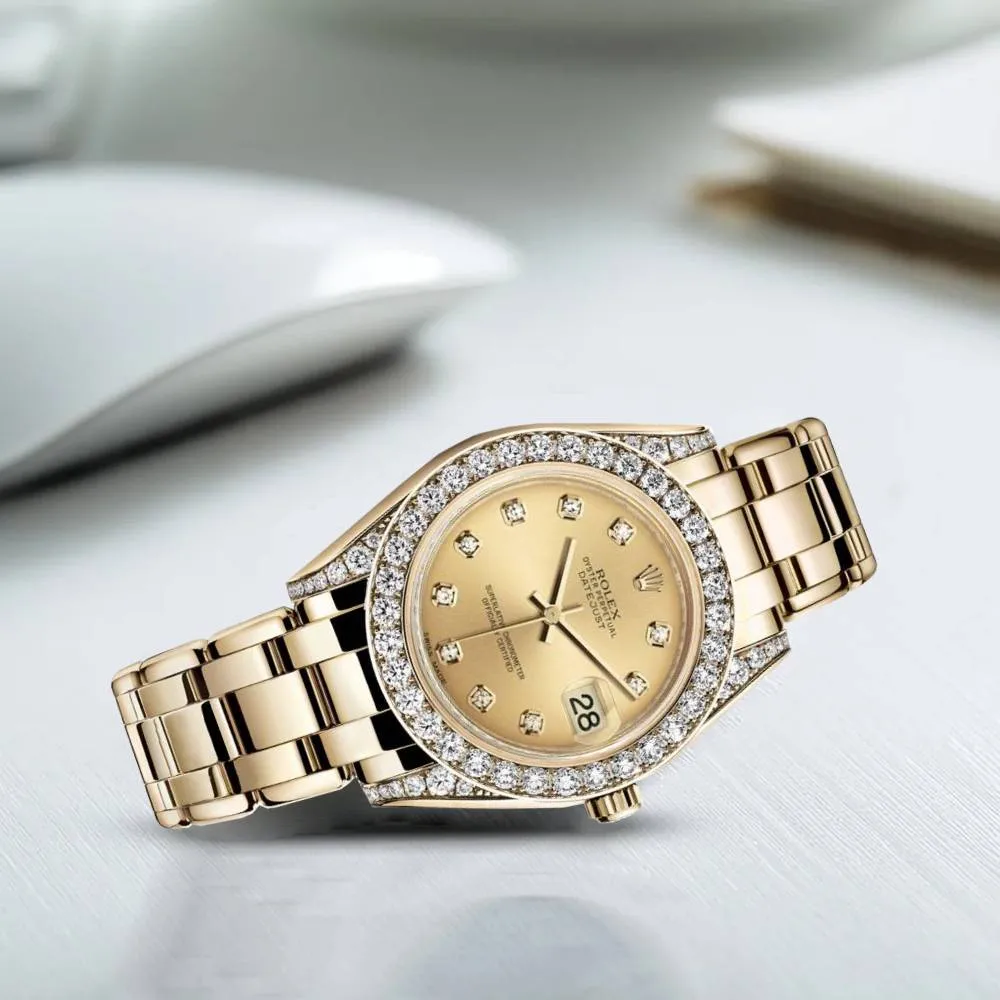 Rolex Pearlmaster 34mm - Ref: 81158-0013 - Champagne Diamond Dial, Diamond Bezel & Diamond Case, 18K Yellow Gold Bracelet Women's Watch