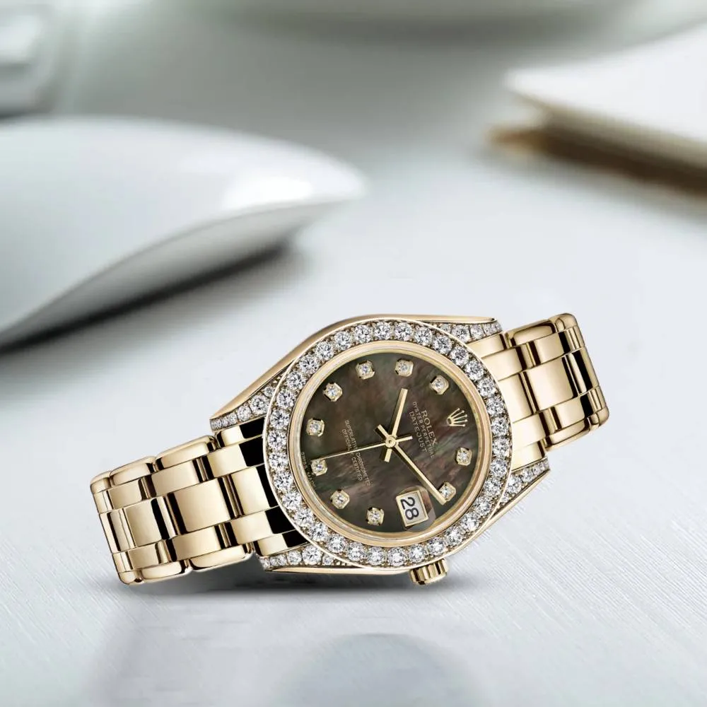 Rolex Pearlmaster 34mm - Ref: 81158-0066 - Black Mother of Pearl Diamond Dial, Diamond Bezel & Diamond Case, 18K Yellow Gold Bracelet Women's Watch