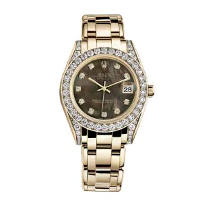 Rolex Pearlmaster 34mm - Ref: 81158-0066 - Black Mother of Pearl Diamond Dial, Diamond Bezel & Diamond Case, 18K Yellow Gold Bracelet Women's Watch