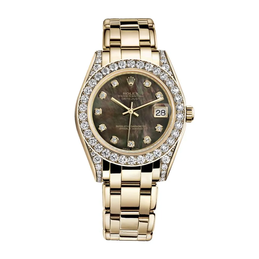 Rolex Pearlmaster 34mm - Ref: 81158-0066 - Black Mother of Pearl Diamond Dial, Diamond Bezel & Diamond Case, 18K Yellow Gold Bracelet Women's Watch