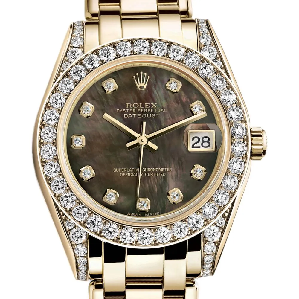 Rolex Pearlmaster 34mm - Ref: 81158-0066 - Black Mother of Pearl Diamond Dial, Diamond Bezel & Diamond Case, 18K Yellow Gold Bracelet Women's Watch