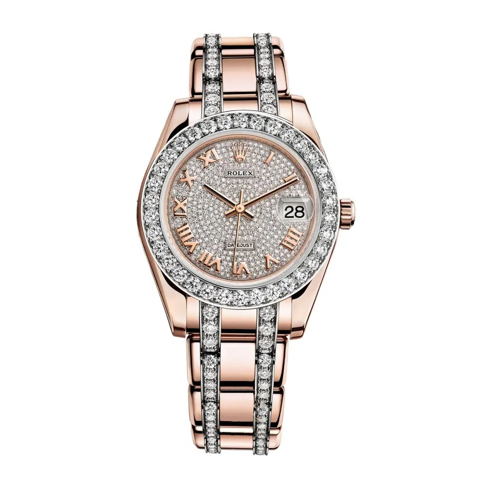 Rolex Pearlmaster 34mm - Ref: 81285-0013 - Pave Roman Diamond Dial, Diamond Bezel & Diamond Case, 18K Rose Gold Diamond Bracelet Women's Watch