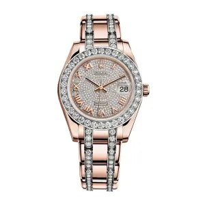 Rolex Pearlmaster 34mm - Ref: 81285-0013 - Pave Roman Diamond Dial, Diamond Bezel & Diamond Case, 18K Rose Gold Diamond Bracelet Women's Watch