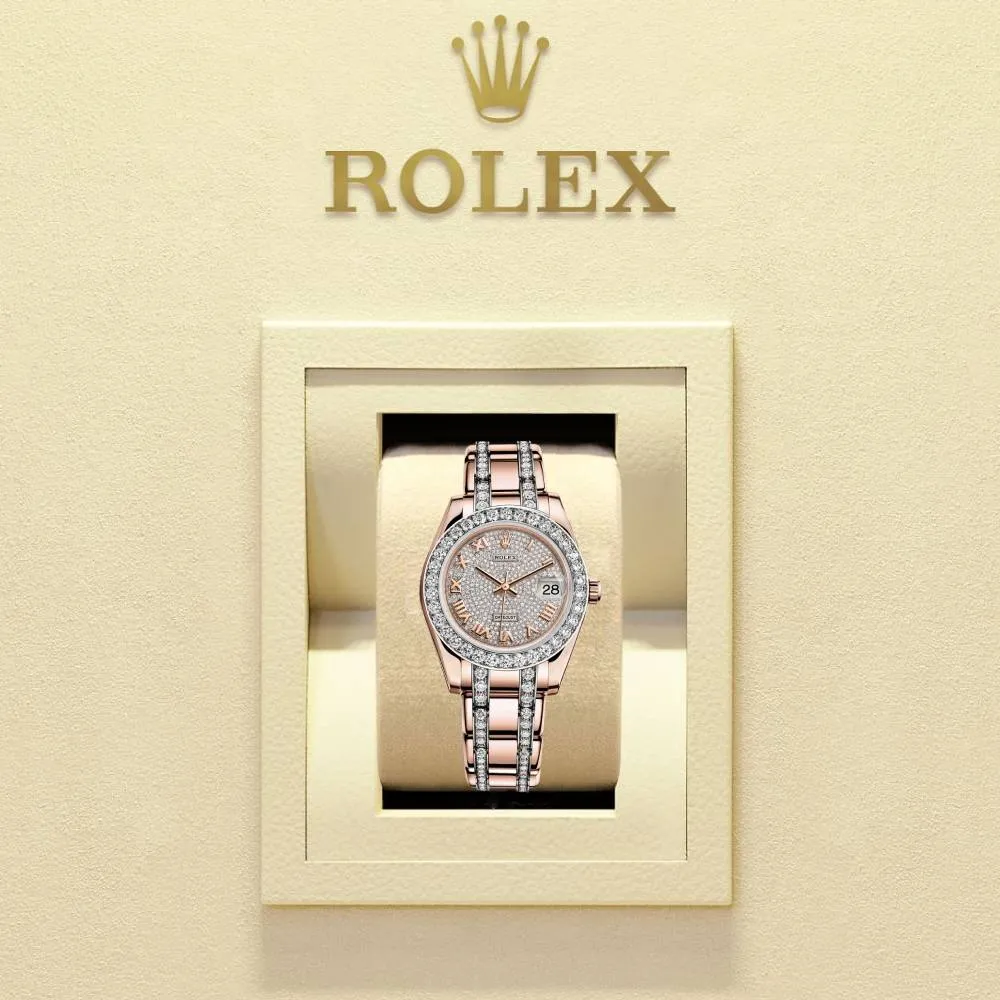 Rolex Pearlmaster 34mm - Ref: 81285-0013 - Pave Roman Diamond Dial, Diamond Bezel & Diamond Case, 18K Rose Gold Diamond Bracelet Women's Watch