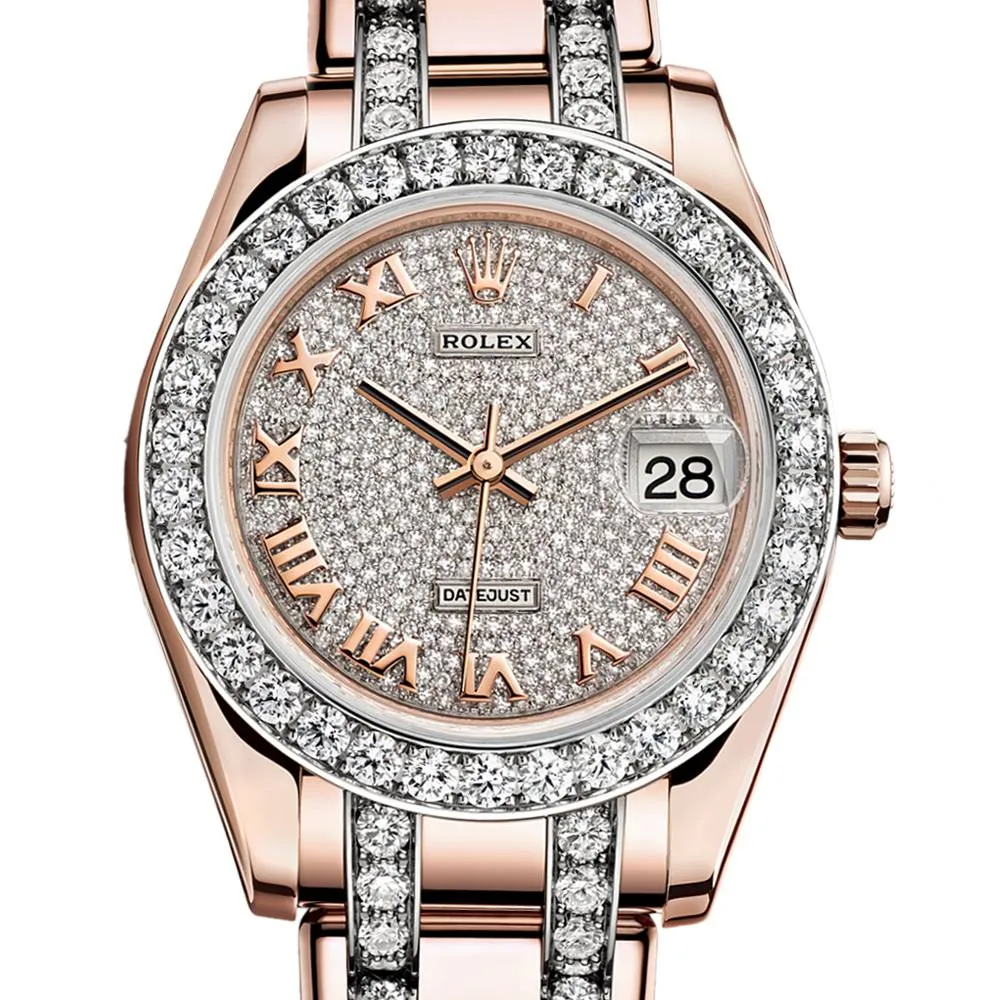 Rolex Pearlmaster 34mm - Ref: 81285-0013 - Pave Roman Diamond Dial, Diamond Bezel & Diamond Case, 18K Rose Gold Diamond Bracelet Women's Watch
