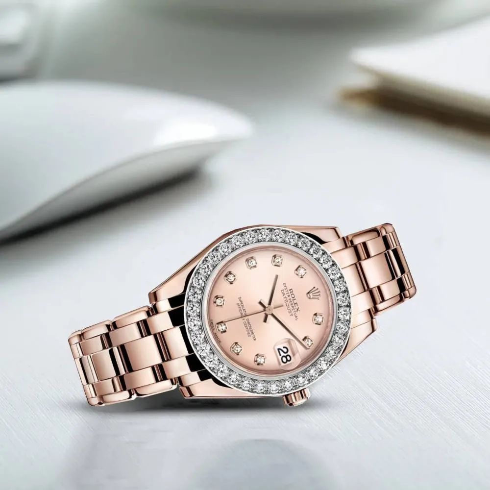 Rolex Pearlmaster 34mm - Ref: 81285-0014 - Pink Diamond Dial & Diamond Bezel, 18K Rose Gold Bracelet Women's Watch