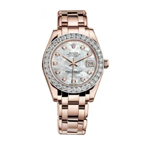 Rolex Pearlmaster 34mm - Ref: 81285-0017 - White mother of Pearl Diamond Dial & Diamond Bezel, 18K Rose Gold Bracelet Women's Watch