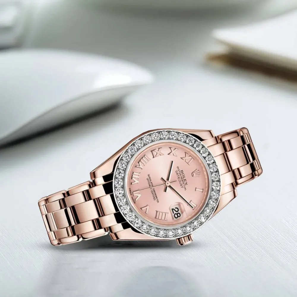Rolex Pearlmaster 34mm - Ref: 81285-0020 - Pink Roman Dial & Diamond Bezel, 18K Rose Gold Bracelet Women's Watch