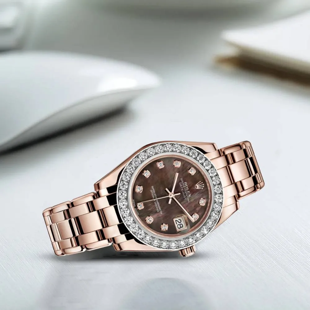 Rolex Pearlmaster 34mm - Ref: 81285-0024 - Black Mother of Pearl Diamond Dial & Diamond Bezel, 18K Rose Gold Bracelet Women's Watch