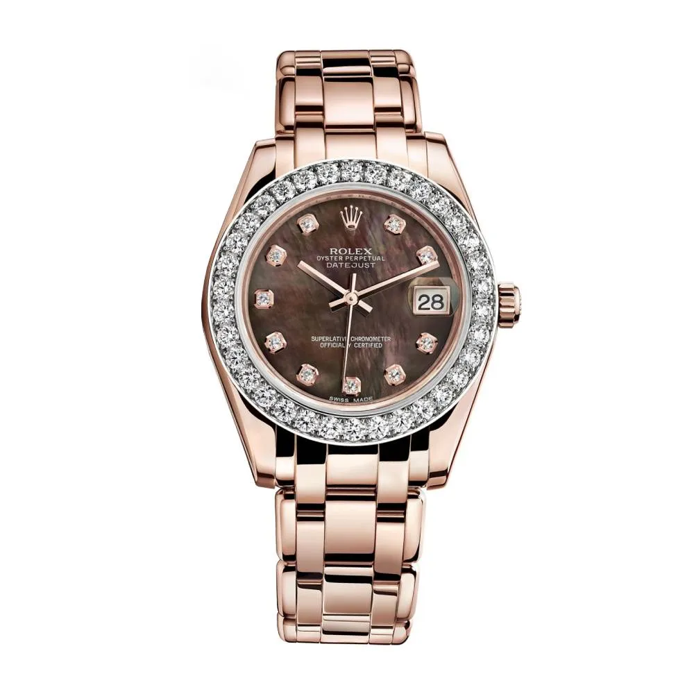 Rolex Pearlmaster 34mm - Ref: 81285-0024 - Black Mother of Pearl Diamond Dial & Diamond Bezel, 18K Rose Gold Bracelet Women's Watch
