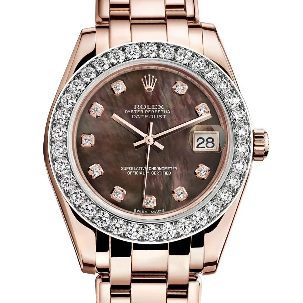Rolex Pearlmaster 34mm - Ref: 81285-0024 - Black Mother of Pearl Diamond Dial & Diamond Bezel, 18K Rose Gold Bracelet Women's Watch