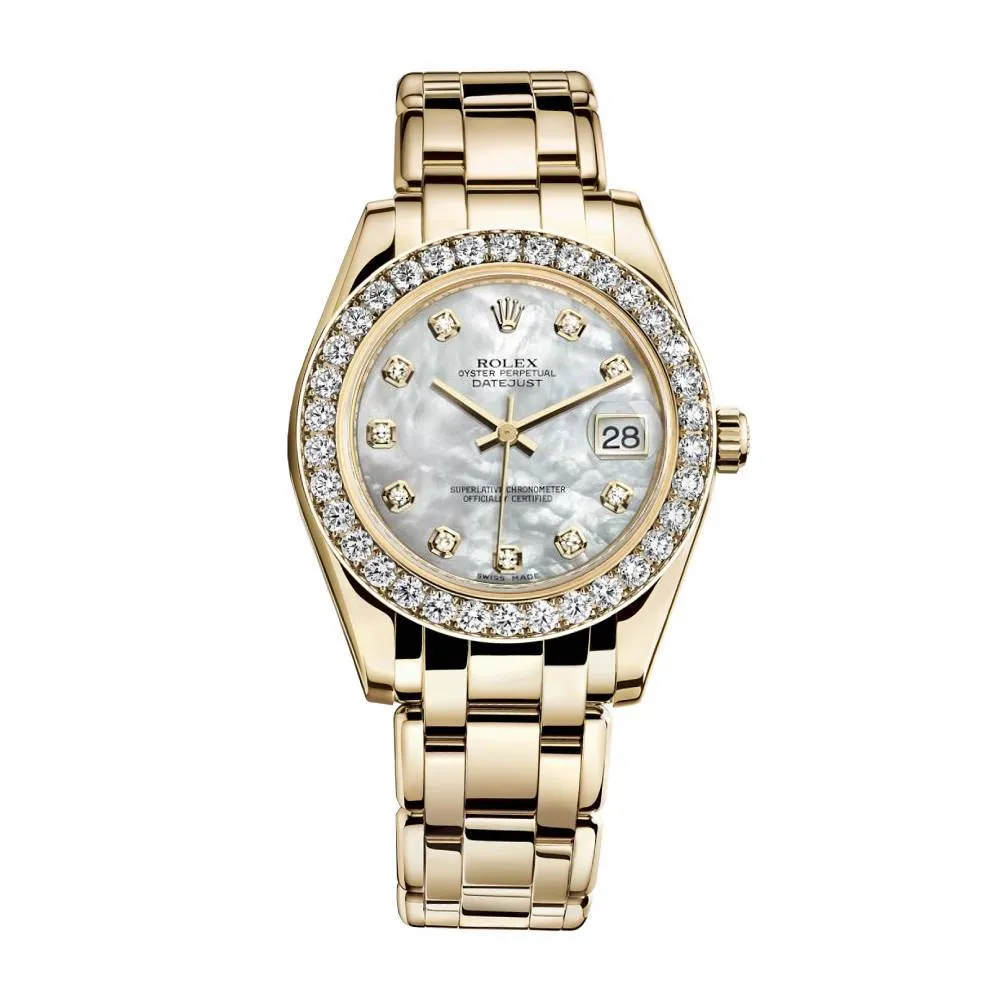 Rolex Pearlmaster 34mm - Ref: 81298-0002 - White mother of Pearl Diamond Dial & Diamond Bezel, 18K Yellow Gold Bracelet Women's Watch