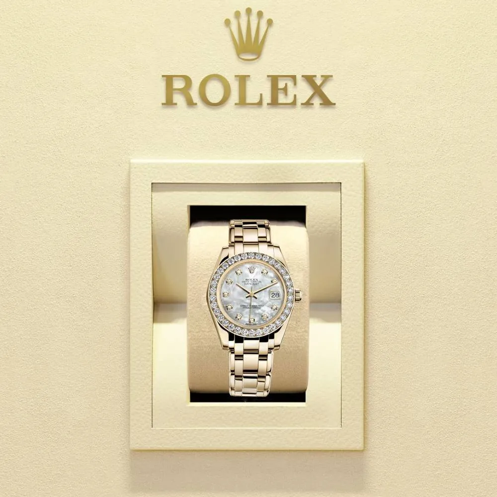 Rolex Pearlmaster 34mm - Ref: 81298-0002 - White mother of Pearl Diamond Dial & Diamond Bezel, 18K Yellow Gold Bracelet Women's Watch