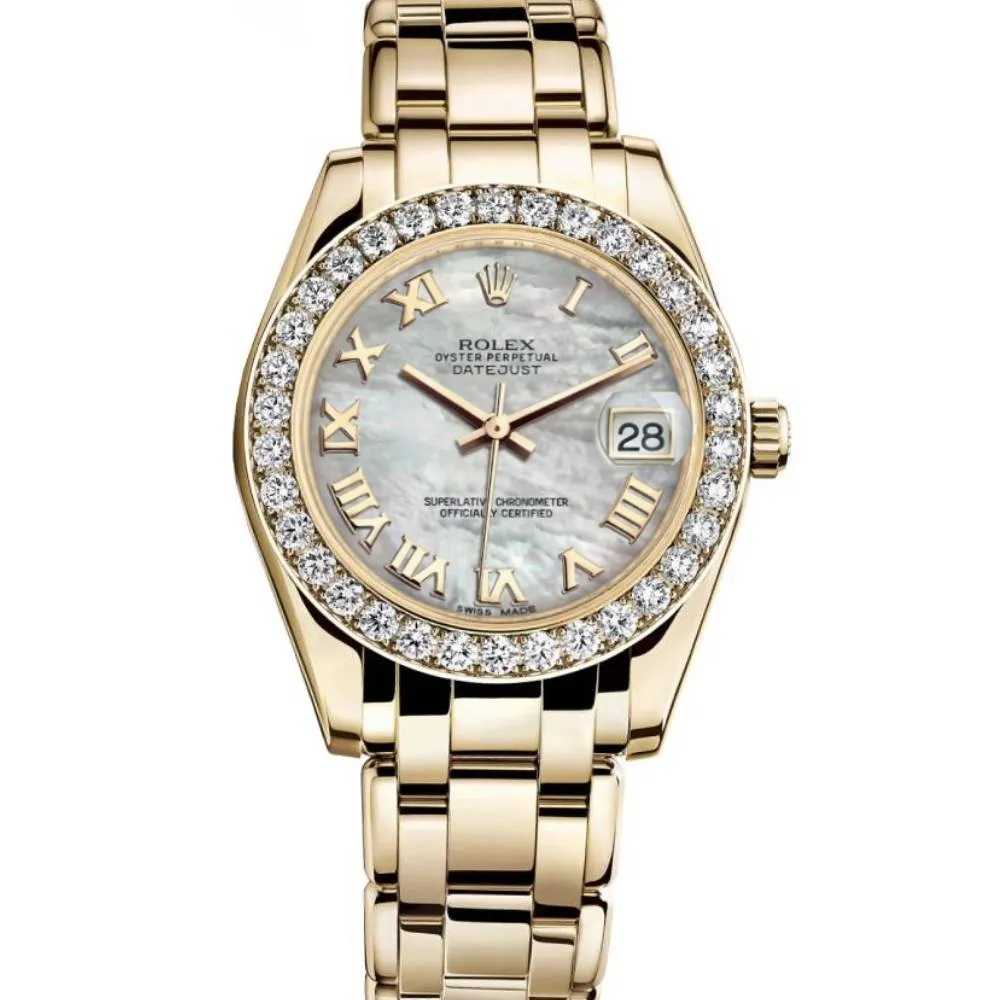Rolex Pearlmaster 34mm - Ref: 81298-0004 - White mother of Pearl Roman Diamond Dial & Diamond Bezel, 18K Yellow Gold Bracelet Women's Watch