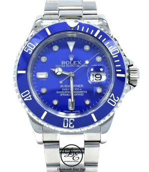 Rolex Submariner 16610 Steel Blue Dial and Blue Bezel Diamond Dial Watch MINT