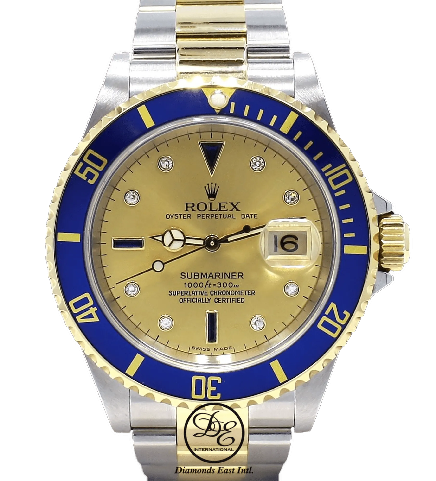Rolex Submariner 16613 18k Yellow Gold/SS FACTORY Serti Blue Sapphires & Diamonds