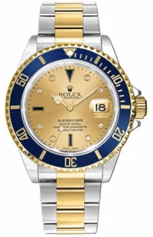 Rolex Submariner 16613 18k Yellow Gold/SS FACTORY Serti Blue Sapphires & Diamonds