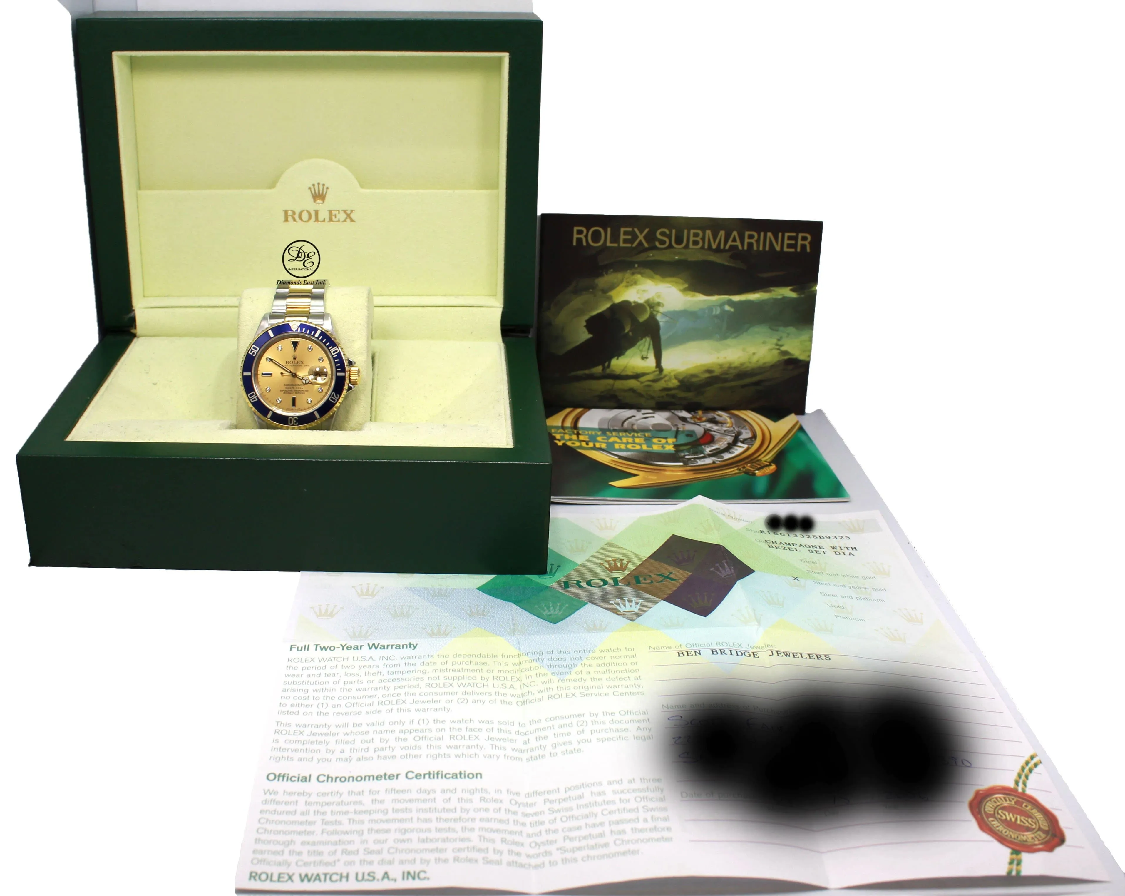 Rolex Submariner 16613 18k Yellow Gold/SS FACTORY SERTI Sapphires/Diamonds BOX/PAPERS