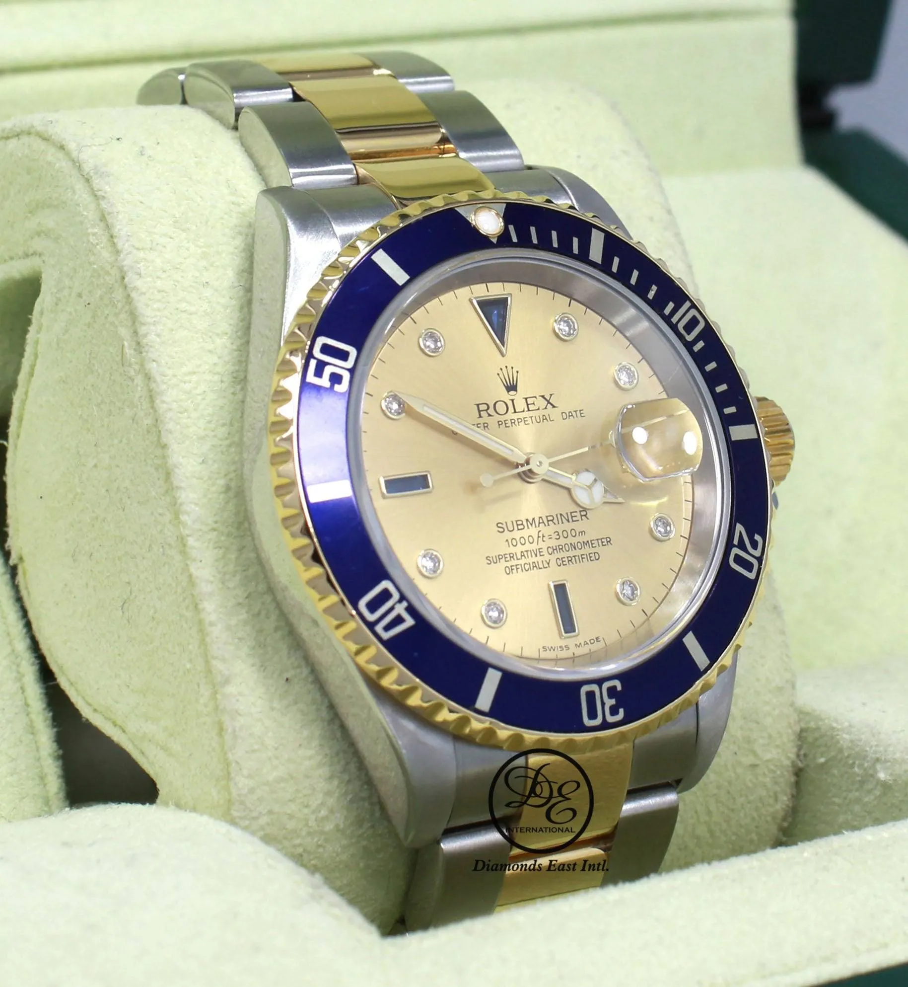 Rolex Submariner 16613 18k Yellow Gold/SS FACTORY SERTI Sapphires/Diamonds BOX/PAPERS