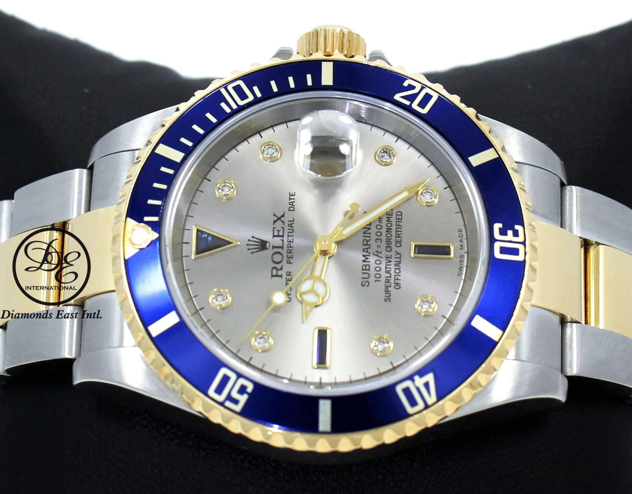 Rolex Submariner 16613T 18k Yellow Gold/SS Factory Serti Blue Sapphires Diamonds BOX/PAPERS