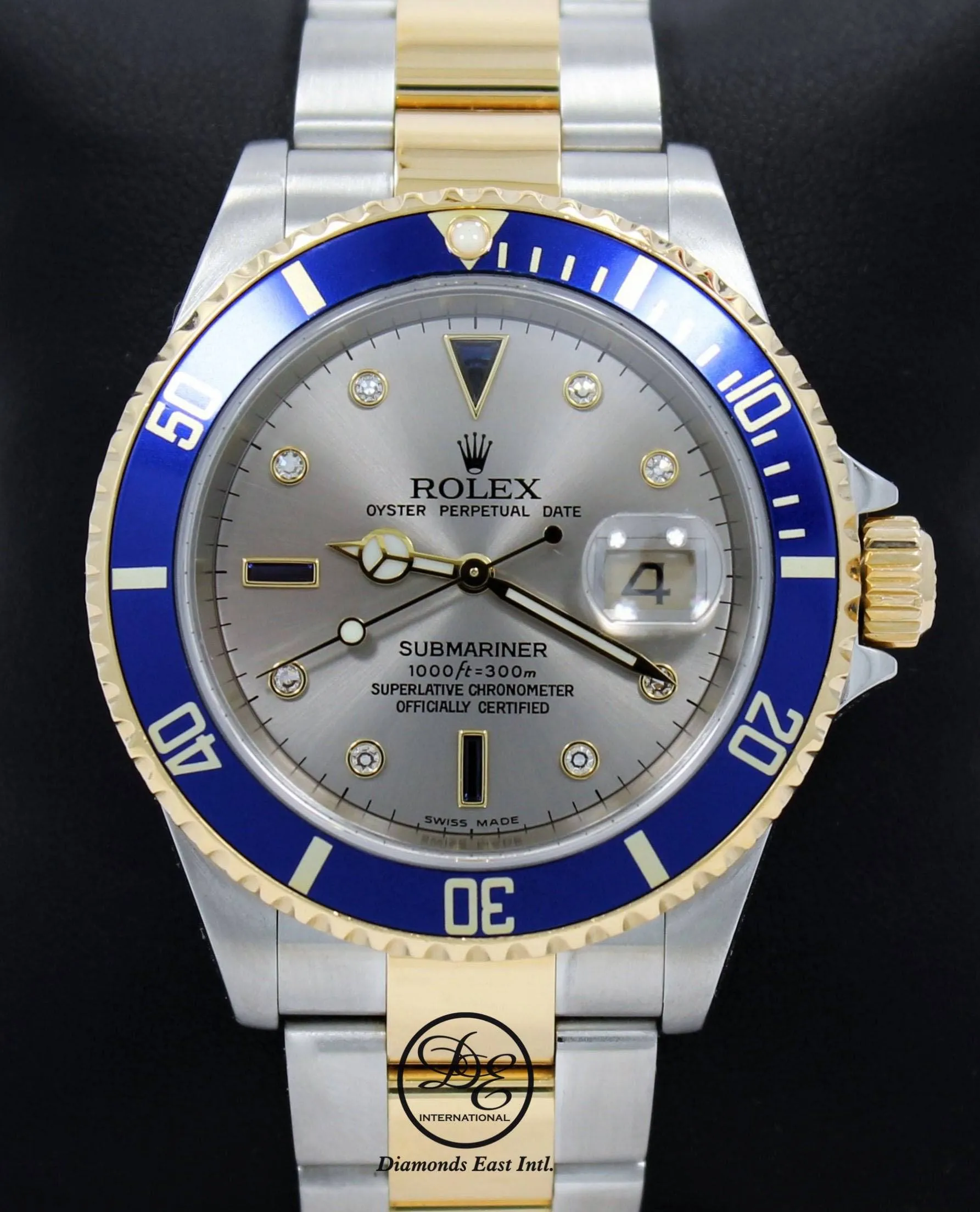 Rolex Submariner 16613T 18k Yellow Gold/SS Factory Serti Blue Sapphires Diamonds BOX/PAPERS