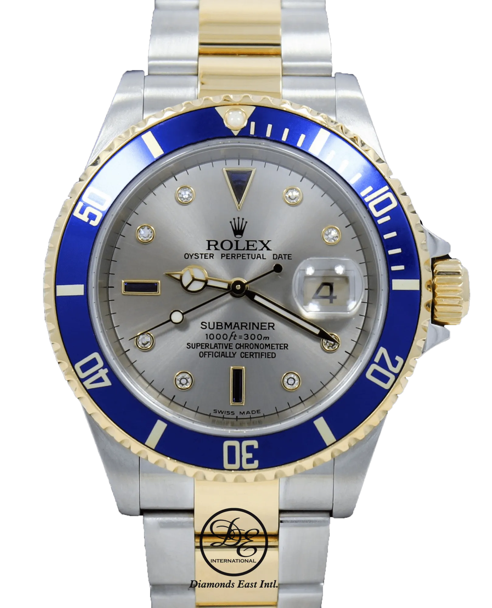 Rolex Submariner 16613T 18k Yellow Gold/SS Factory Serti Blue Sapphires Diamonds BOX/PAPERS
