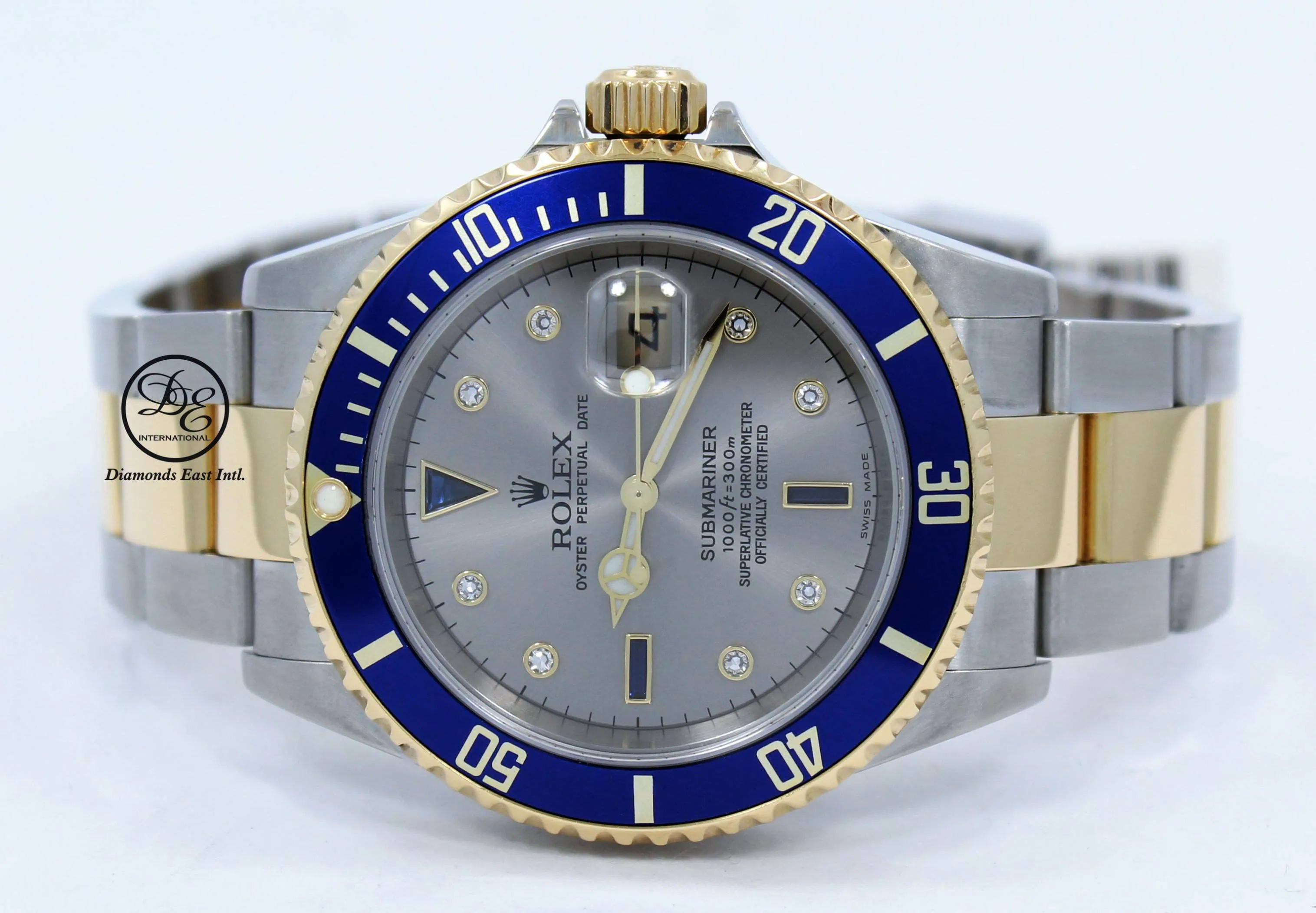 Rolex Submariner 16613T 18k Yellow Gold/SS Factory Serti Blue Sapphires Diamonds BOX/PAPERS