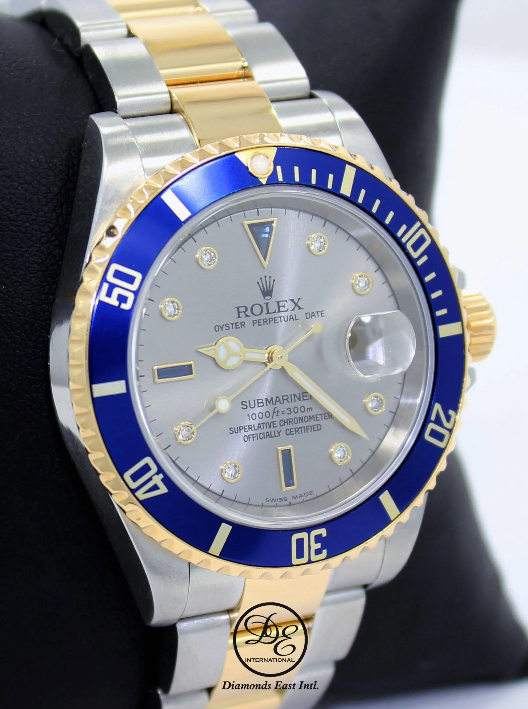 Rolex Submariner 16613T 18k Yellow Gold/SS Factory Serti Blue Sapphires Diamonds BOX/PAPERS