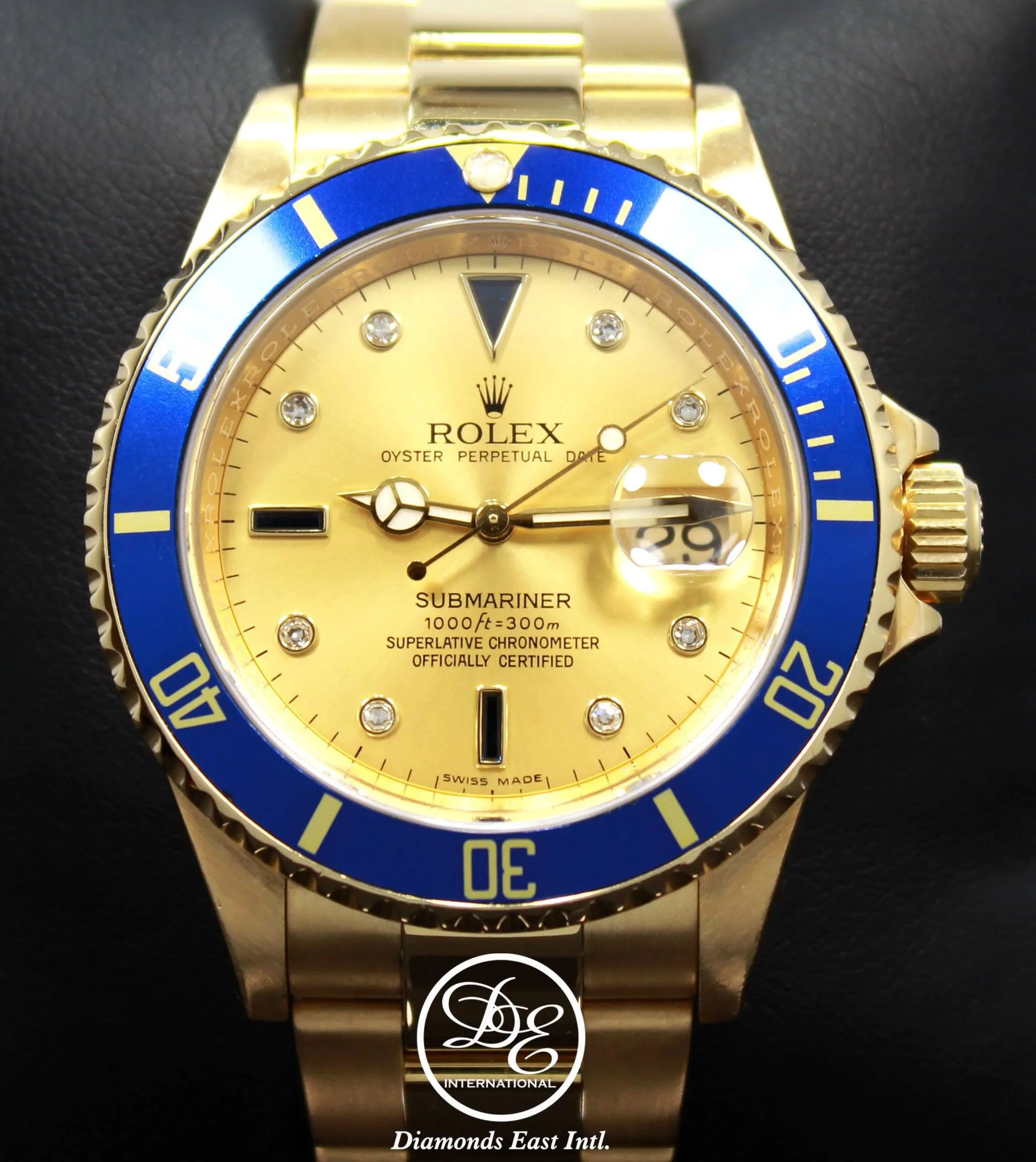 Rolex Submariner 16618 18k Yellow Gold FACTORY SERTI Blue Sapphires Diamonds Dial