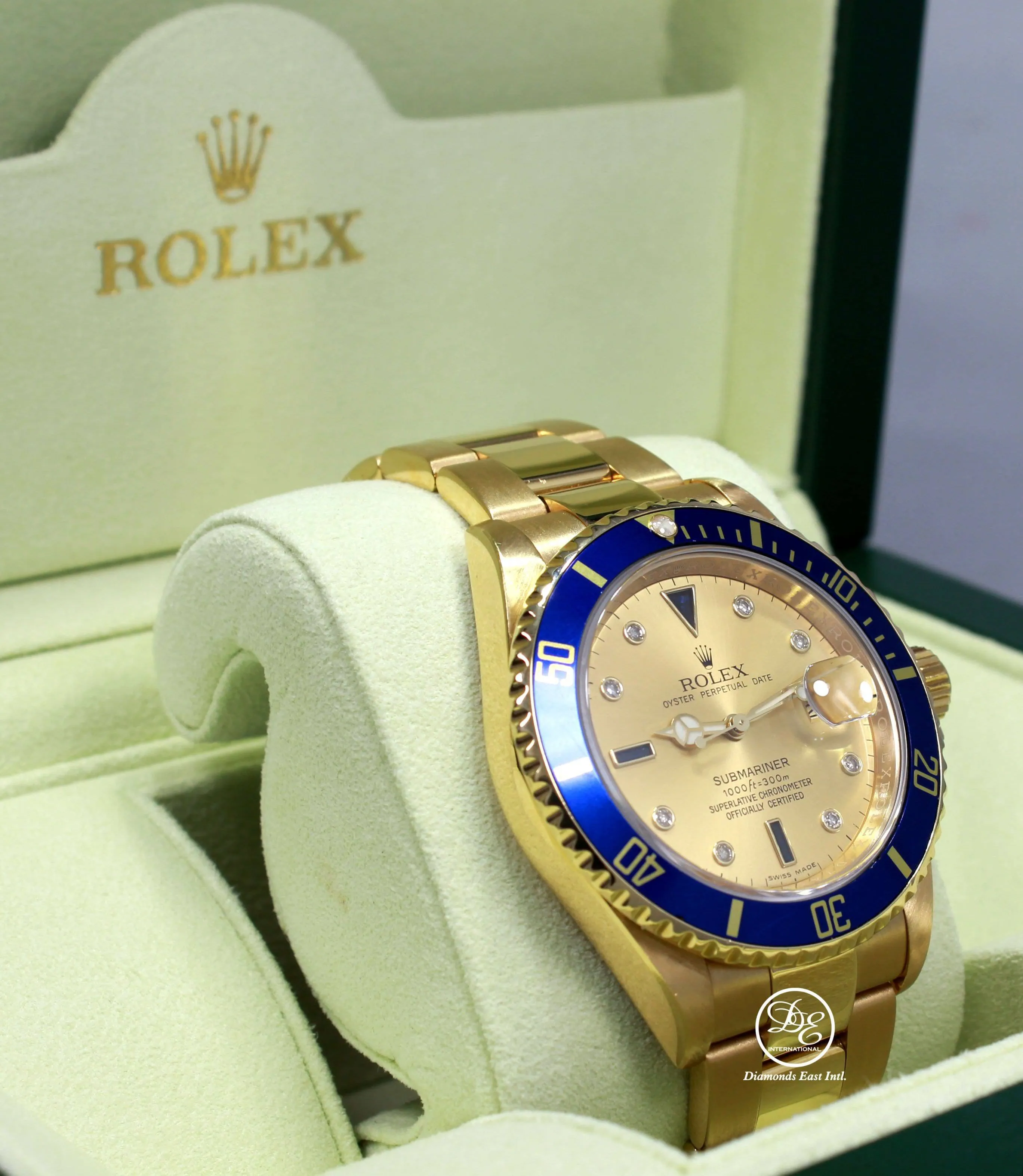 Rolex Submariner 16618 18k Yellow Gold FACTORY SERTI Blue Sapphires Diamonds Dial