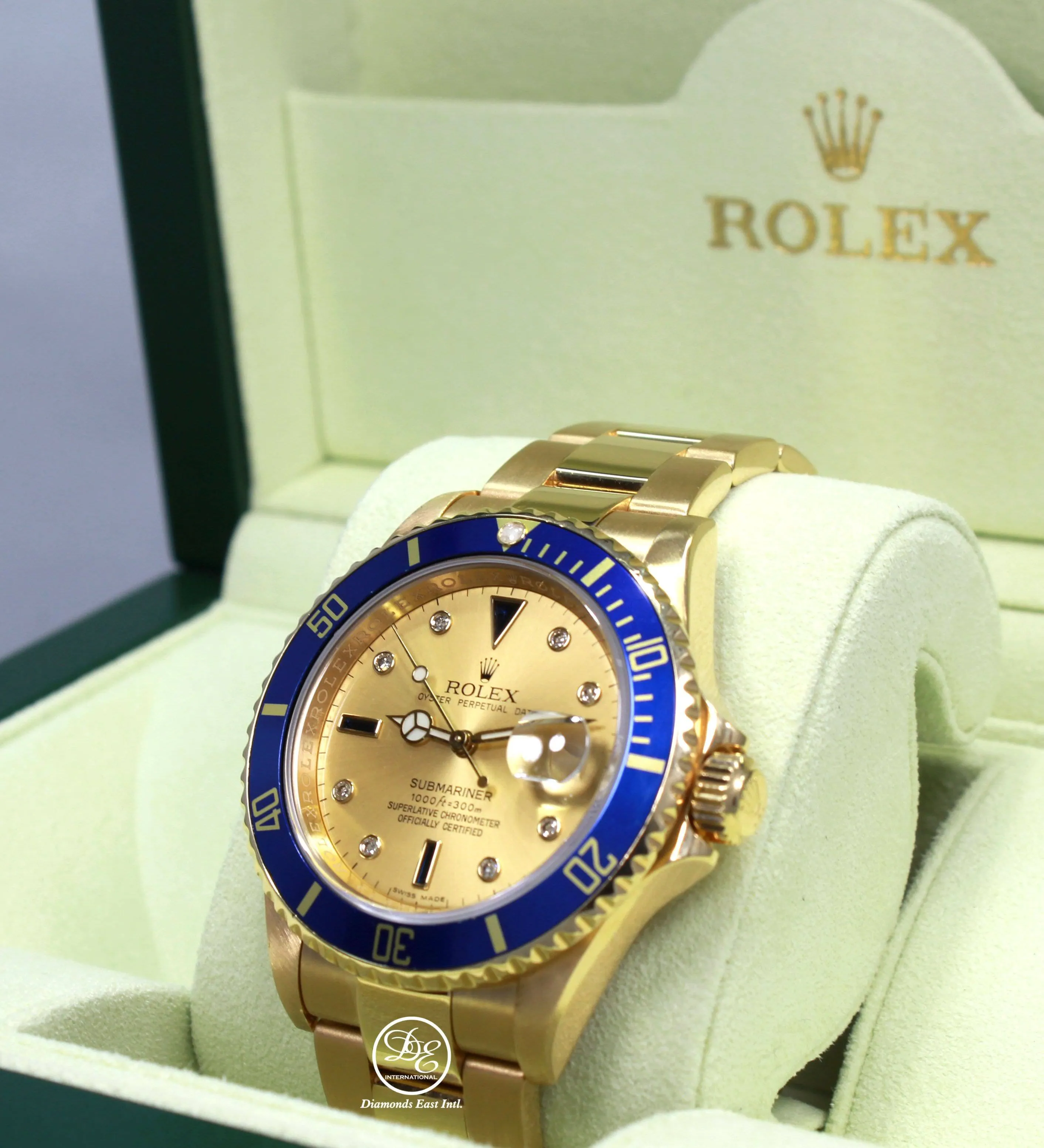 Rolex Submariner 16618 18k Yellow Gold FACTORY SERTI Blue Sapphires Diamonds Dial