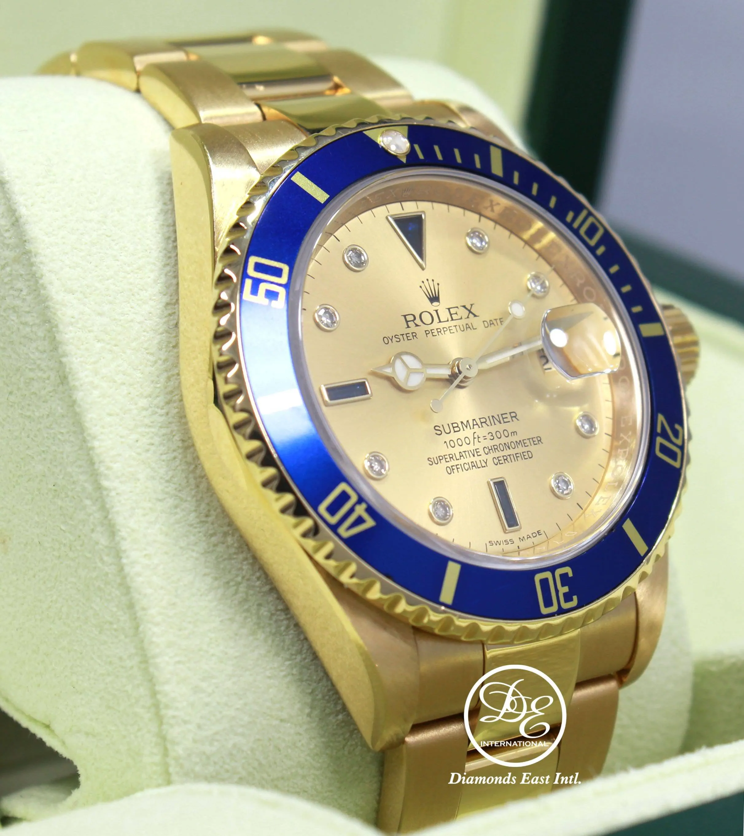 Rolex Submariner 16618 18k Yellow Gold FACTORY SERTI Blue Sapphires Diamonds Dial