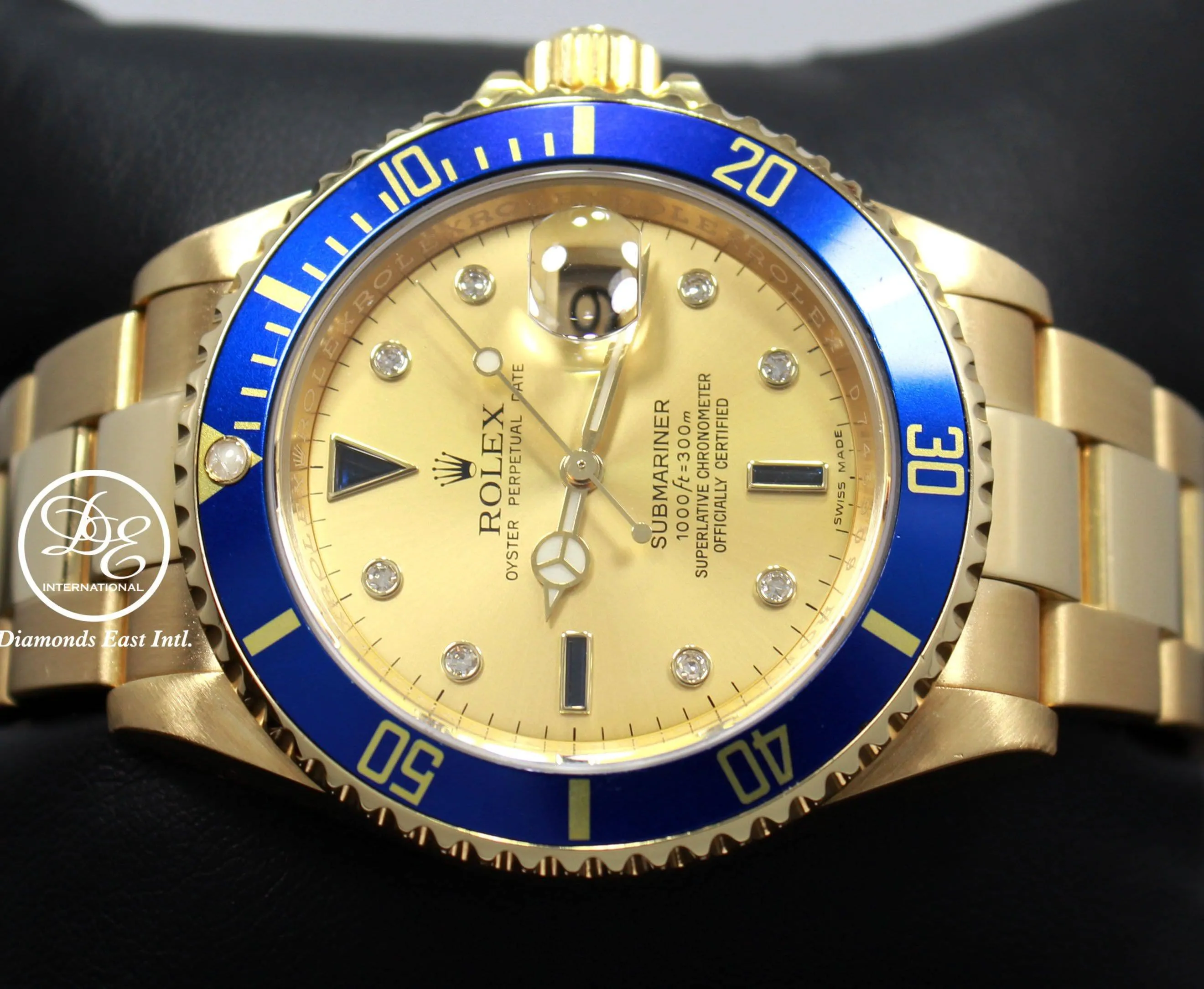 Rolex Submariner 16618 18k Yellow Gold FACTORY SERTI Blue Sapphires Diamonds Dial