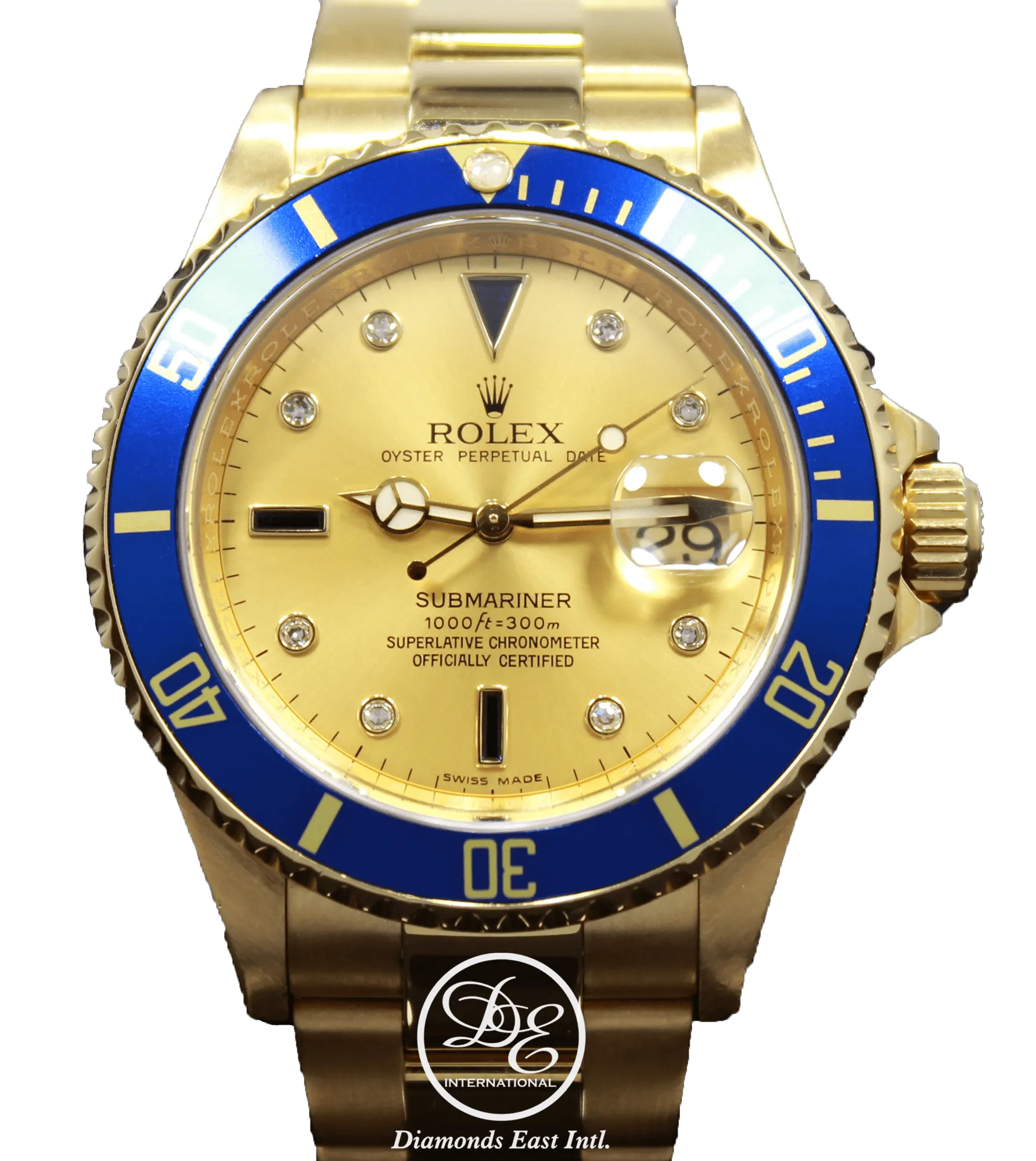 Rolex Submariner 16618 18k Yellow Gold FACTORY SERTI Blue Sapphires Diamonds Dial