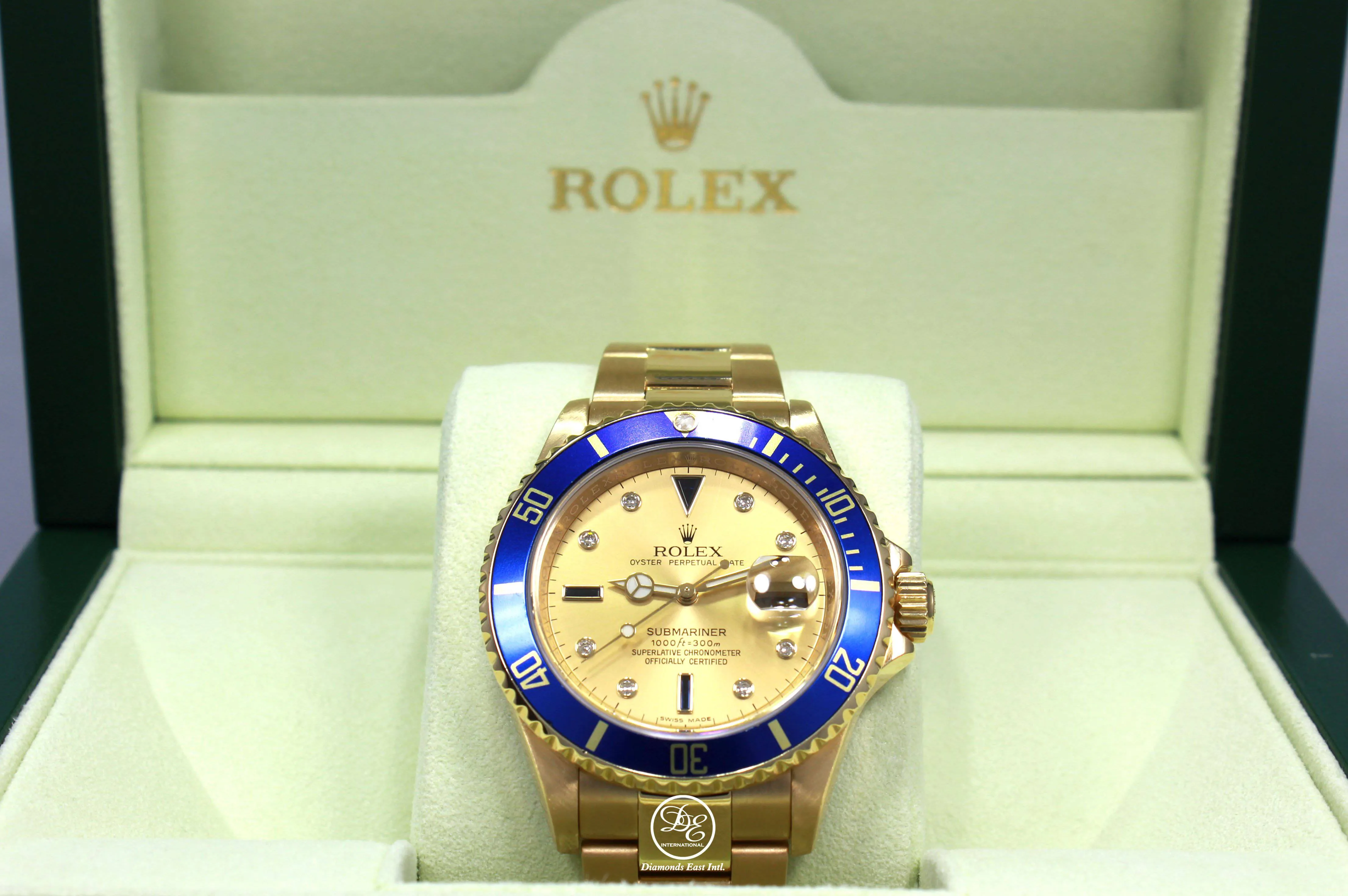 Rolex Submariner 16618 18k Yellow Gold FACTORY SERTI Blue Sapphires Diamonds Dial