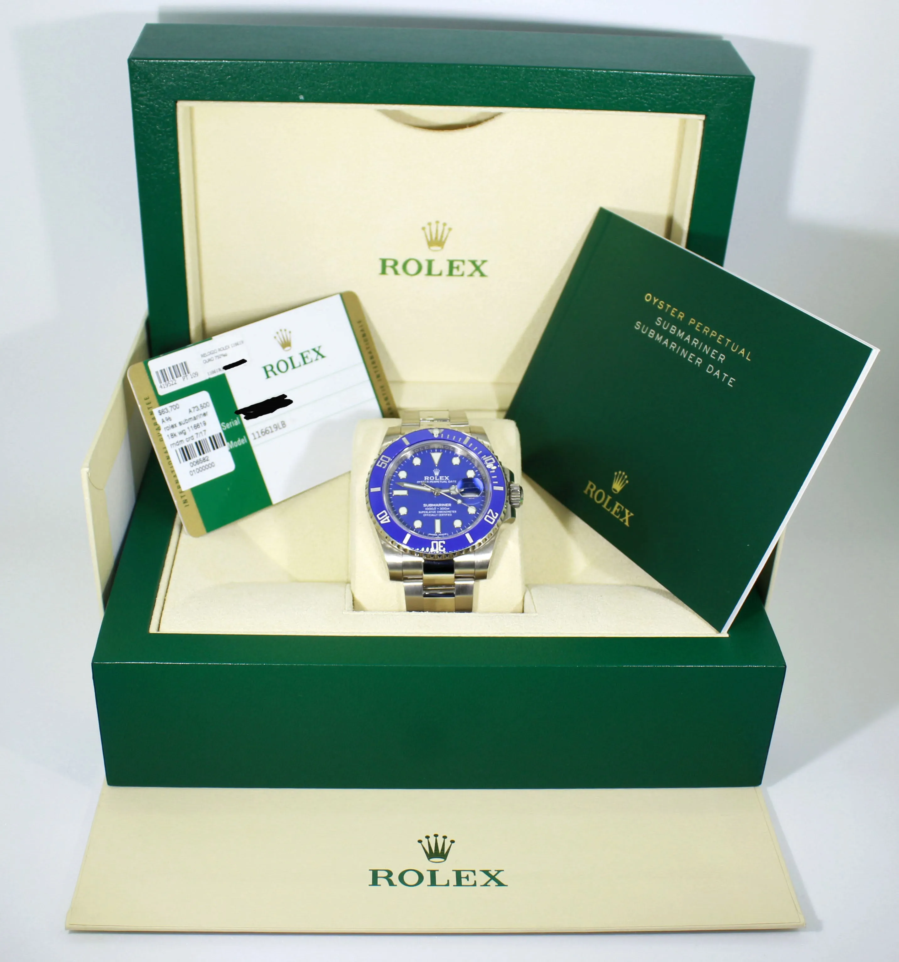 Rolex Submariner Date 116619lb Oyster Perpetual 18K White Gold Smurf BOX/PAPERS