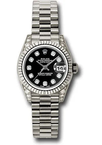 Rolex White Gold Lady-Datejust 26 Watch - Fluted Bezel - Black Diamond Dial - President Bracelet - 179239 bkdp