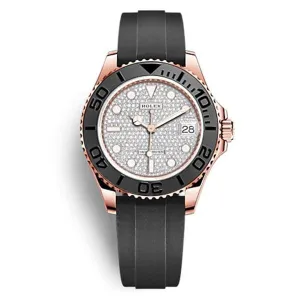 Rolex Yachtmaster 37mm - Ref: 268655-0013 - Pave Diamond Dial & 18K Rose Gold Case, Black Oysterflex Bracelet Watch