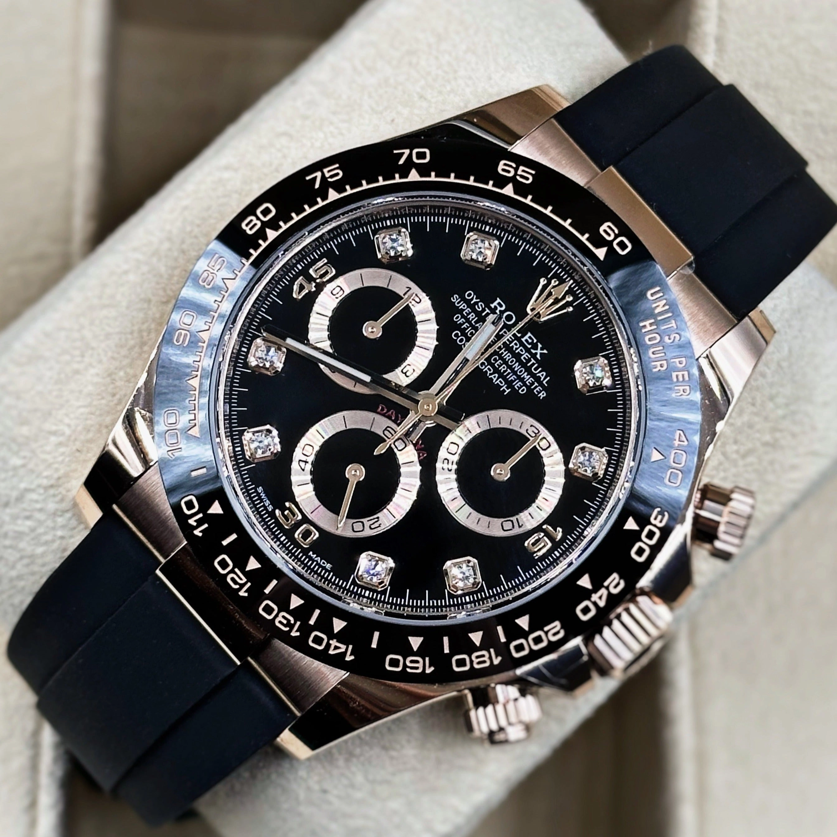 Rolex Cosmograph Daytona 40mm - Ref: 116515ln - Black Diamond Dial & Ceramic Bezel, 18K Rose Gold Case Black Oysterflex Bracelet Men's Watch