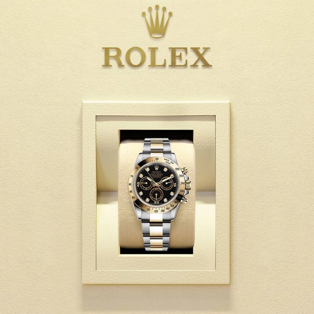 Rolex Cosmograph Daytona 40mm - Ref: 116523BKD - Black Diamond Dial & Gold Bezel, Two Tone Stainless Steel & 18K Yellow Gold Oyster Bracelet Men's Watch