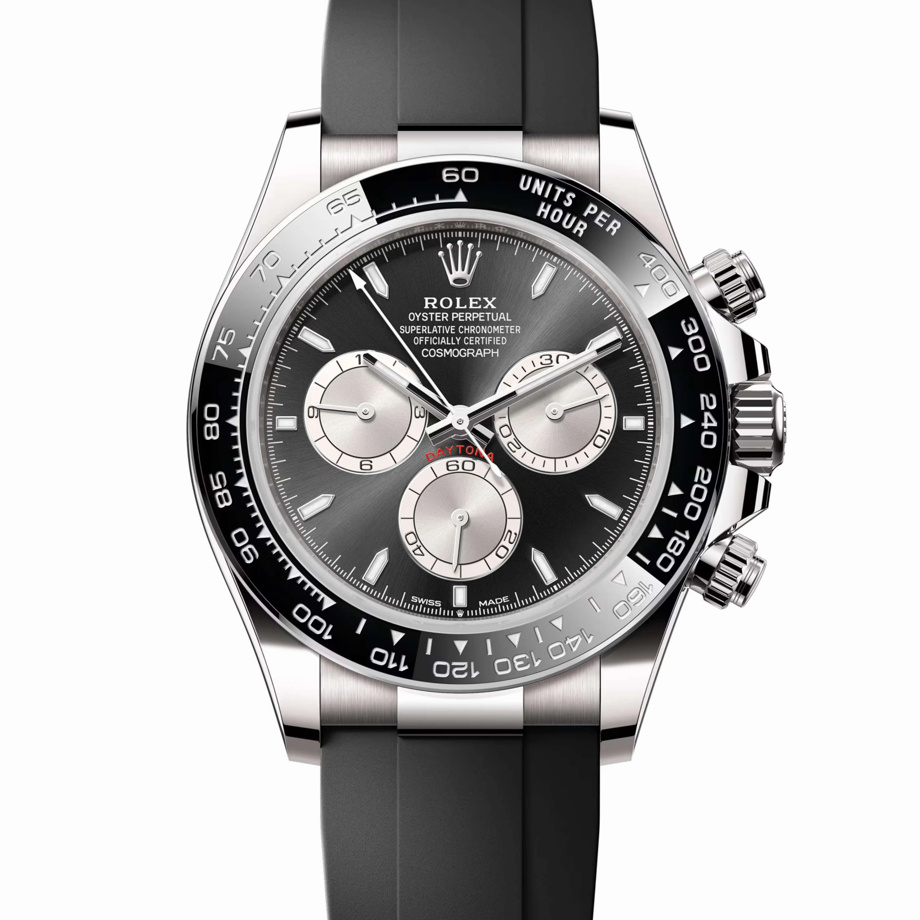 Rolex Cosmograph Daytona 40mm - Ref: 126519LN - Bright Black & Steel Index Dial & Ceramic Bezel, 18K White Gold Case Black Oysterflex Bracelet Men's Watch