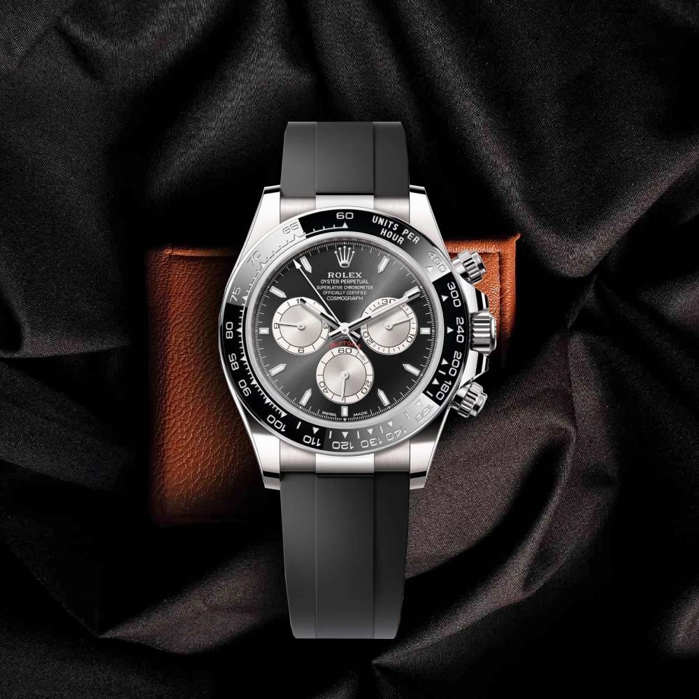 Rolex Cosmograph Daytona 40mm - Ref: 126519LN - Bright Black & Steel Index Dial & Ceramic Bezel, 18K White Gold Case Black Oysterflex Bracelet Men's Watch