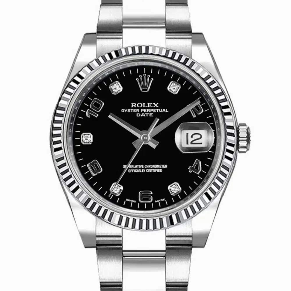 Rolex Date 34mm - Ref: 115234-0011 - Black Diamond Dial, Stainless Steel Oyster Bracelet Watch