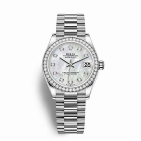 Rolex Datejust 31mm - Ref: 278289rbr-0005 - White Mother of Pearl Diamond Dial & Diamond Bezel, 18K White Gold President Bracelet Women's Watch