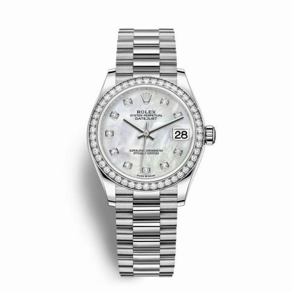 Rolex Datejust 31mm - Ref: 278289rbr-0005 - White Mother of Pearl Diamond Dial & Diamond Bezel, 18K White Gold President Bracelet Women's Watch